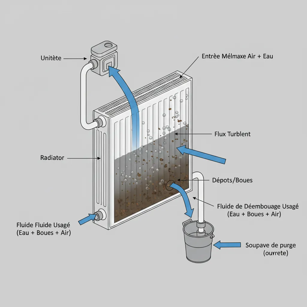 Machine à désembouer hydrodynamique connectée à un collecteur de chauffage