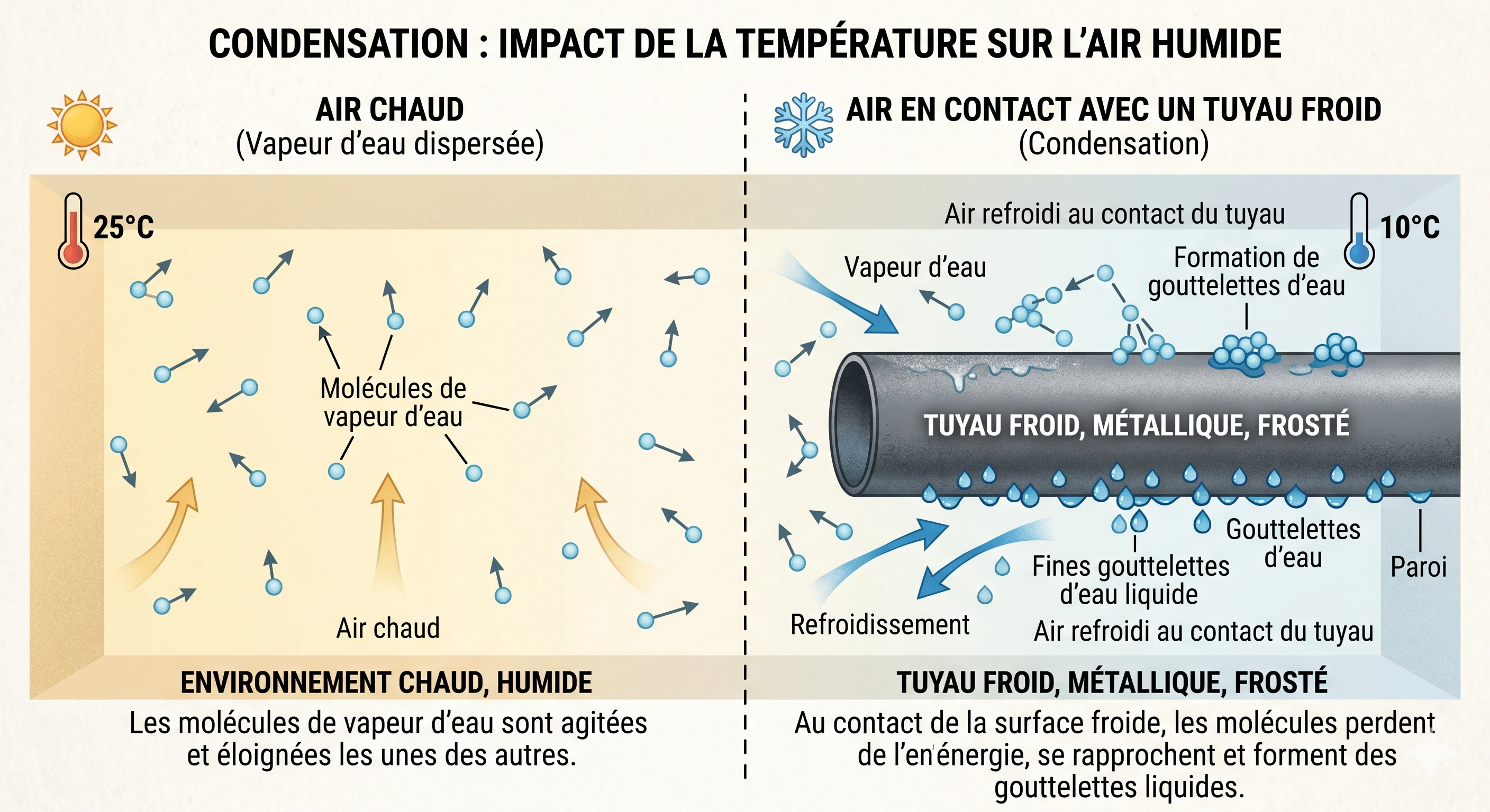 illustration comparative en deux colonnes — à gauche, de l'air chaud avec des 
molécules de vapeur d'eau représentées par des points bleus dispersés