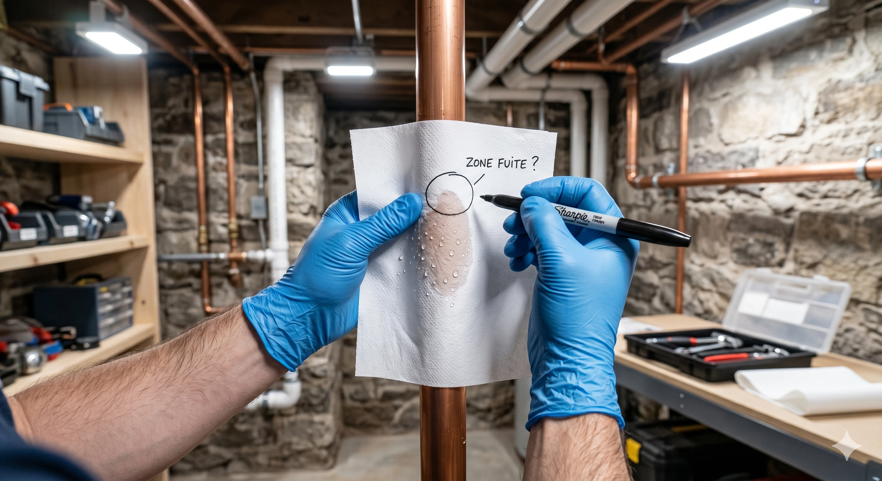 mains gantées enroulant une feuille de papier absorbant autour d'un tuyau 
suspect , avec un marqueur pour délimiter les zones, sur fond d'une installation de plomberie en sous-sol propre et éclairé
