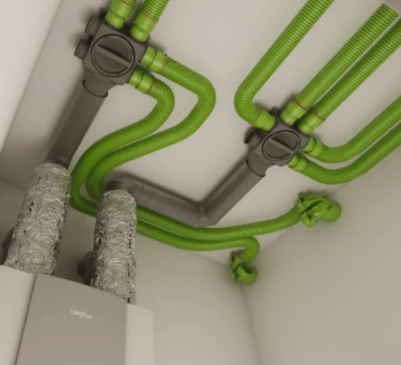 Détail d'un raccordement de gaine rigide sur piquage VMC