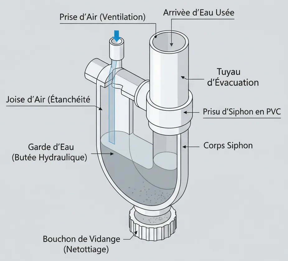 Schéma technique d'un siphon sous évier