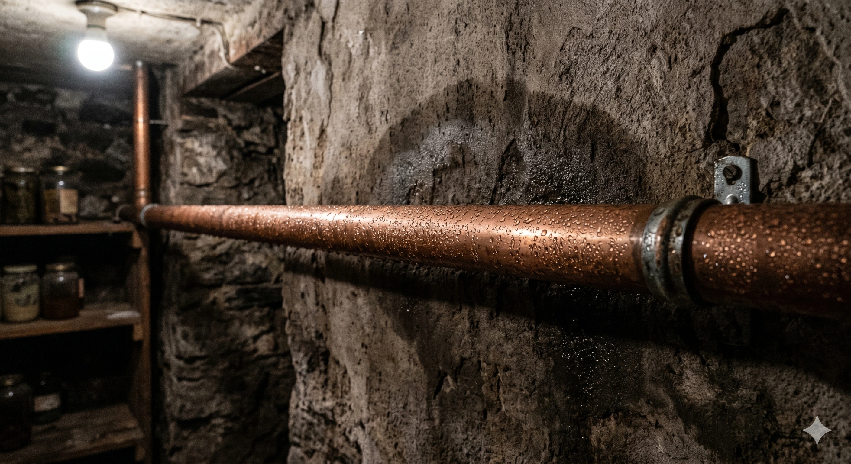 tuyau en cuivre nu dans une cave, recouvert de gouttelettes de condensation uniformément réparties sur toute la surface, avec une légère auréole d'humidité sur le mur 
derrière